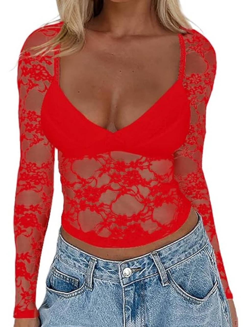 NWT Red Lace Sheer Long Sleeve Top Size Large Y2K Coquette‎ Going Out Top